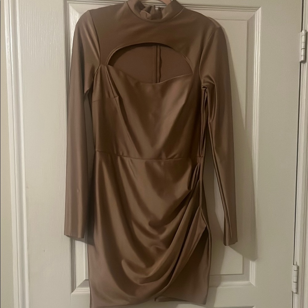 Fashion Nova Tan Asymmetrical Cut Out Midi Dress
